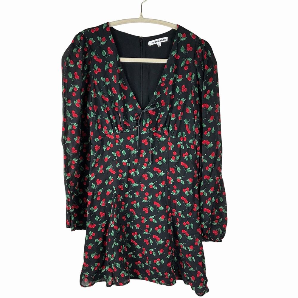 Reformation Black Red Floral Mini Dress Long Sleeve Romantic Cottagecore - Picture 2 of 7